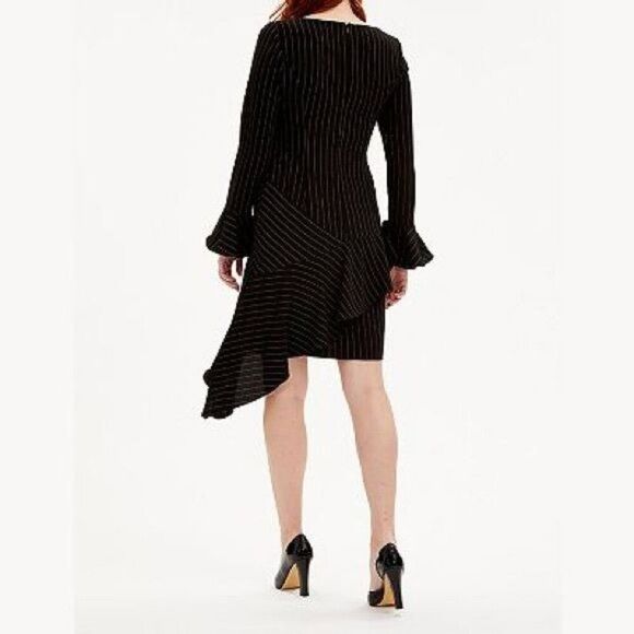 New Focus by Shani Pinstriped Asymmetrical Dress with Ruffle Hem Bell Sleeves 4 - Picture 2 of 10